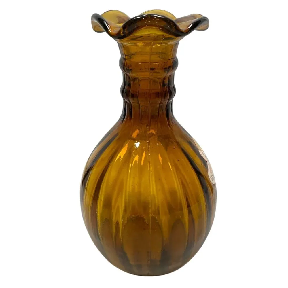Vintage South Jersey Clevenger‎ Bros Glass Amber Vase Scalloped Edge Hand Blown